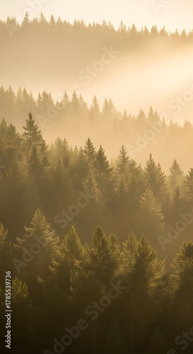 Misty Forest Sunrise Over Rolling Hills.