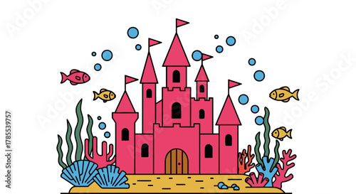 Cartoon underwater castle illustration for kids and children