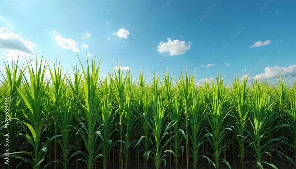 Obraz premium Sugar cane grows in field under blue sky. Green sugar cane stalks thrive in sun. Crop sways in breeze. Agriculture industry farming sugarcane cultivation. Sunny day in countryside.