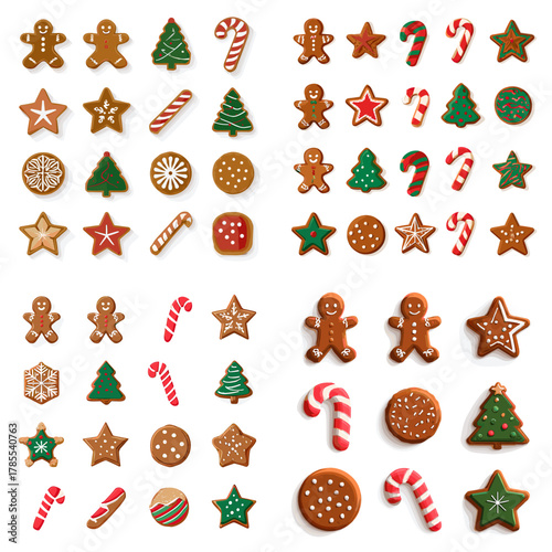 Festive Christmas cookie set featuring gingerbread men, stars, candy canes, snowflakes, and decorated treats. Perfect for holiday graphics, baking themes, seasonal cards, and winter designs.