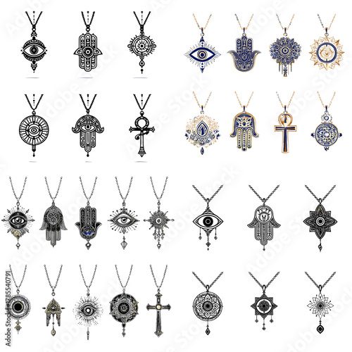 Mystical amulet necklace set featuring hamsa hands, evil eyes, crosses, mandalas, and protective symbols in ornate gold and black styles. Perfect for spiritual, boho, and esoteric designs.
