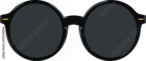 Round black sunglasses with dark lenses and yellow hinge accents vector illustration