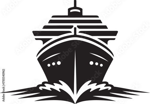 Front view vector icon of a large cruise ship sailing through water with a prominent bow wave