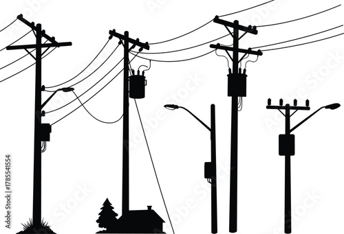 Utility poles with transformers, wires, and residential house silhouettes, electric distribution infrastructure designs collection, flat vector