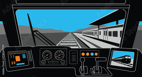Train driver view from the cabin railway transportation concept