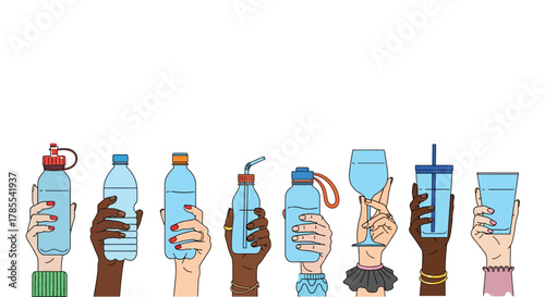 Stay hydrated with diverse hands holding water bottles and glasses