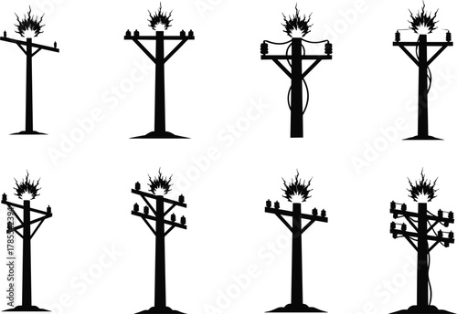 Utility poles on fire silhouettes, electric power line hazard, dangerous energy infrastructure failure icons, flat vector