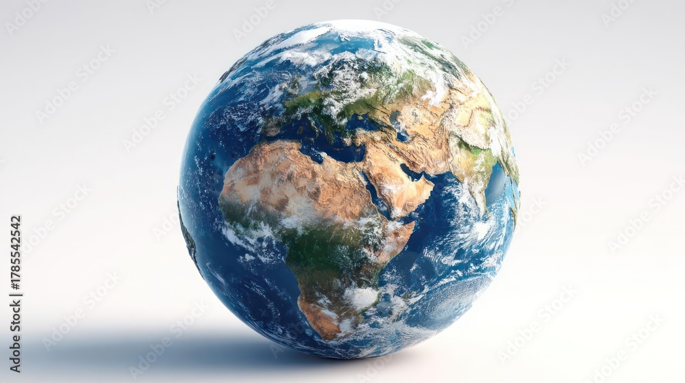 Fototapeta premium A realistic easter egg shaped like planet earth with continents and oceans visible against a bright white background