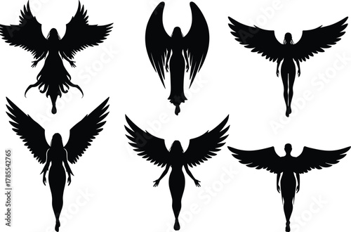 Winged humanoid silhouettes, angelic mythical beings, fantasy spiritual guardians, celestial wings, divine character design flat vector