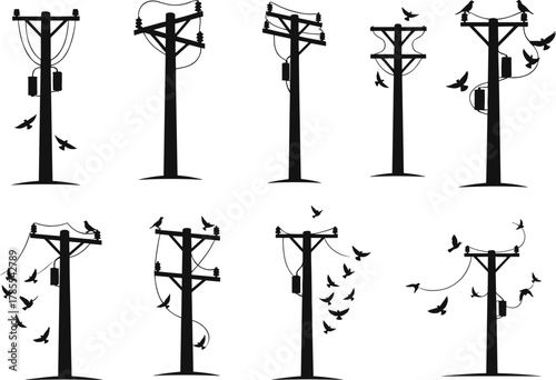 Utility poles with birds silhouettes, electric power line structures, urban energy distribution design elements, flat vector