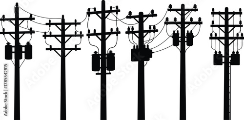 Utility poles with transformers, insulators, and power lines silhouettes, electric distribution infrastructure designs collection, flat vector