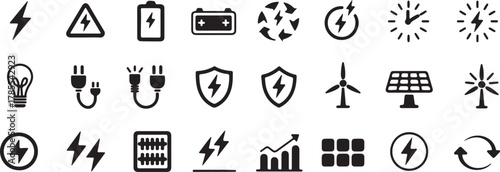 Empowering energy transition icons for sustainable development projects, illustrating alternative and renewable power solutions, originally designed as scalable vector graphics