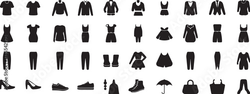 Trendy black clothing vector icons showcasing shirts, dresses, shoes, and accessories, perfect for fashion retail and stylish design projects