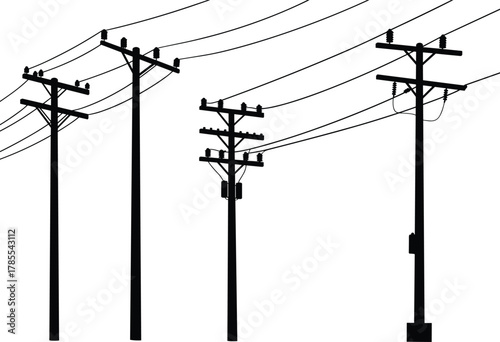 Utility poles, crossarms, insulators, power lines, transformers, electricity distribution, urban infrastructure, silhouette artwork, flat vector illustration