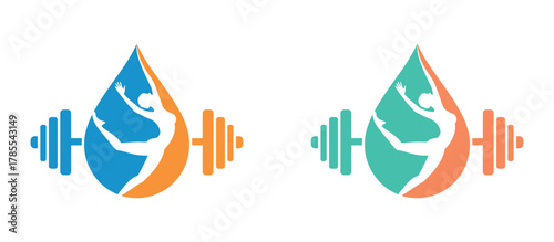 Stylized logo featuring a human silhouette within a water drop shape, flanked by dumbbells, symbolizing fitness and hydration.
