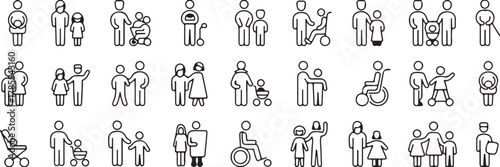 Diverse families and relationships in a collection of modern line art icons, showcasing unity, love, and support for inclusive design projects