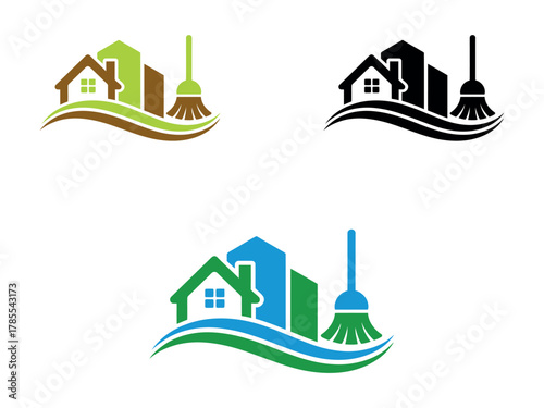 Cleaning services logo design with houses, broom, and waves in various color palettes.