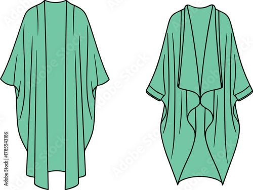 Teal poncho cape fashion flat vector, draped outerwear design, stylish clothing illustration, modern apparel collection