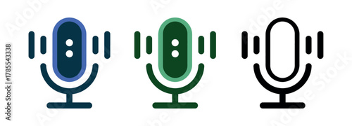 Three microphone icons in different colors represent the concept of audio recording and broadcasting.