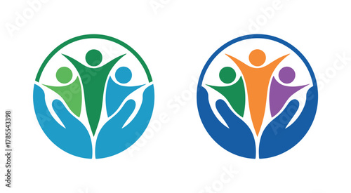 Abstract depiction of diverse human figures embraced by caring hands within circles, symbolizing community and support.