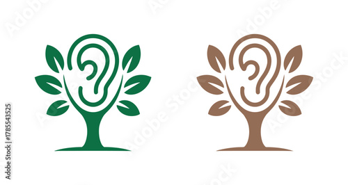 A stylized tree with an ear shape integrated into its trunk and leaves, symbolizing natural hearing or listening.