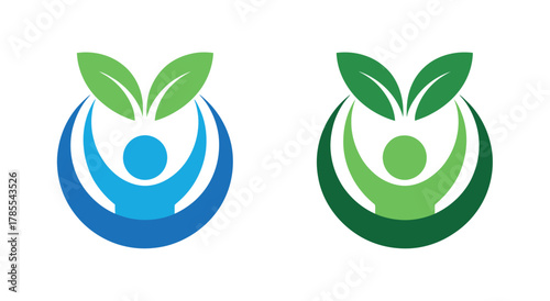 Two circular logos depicting a stylized person reaching upwards with leaves, symbolizing growth and well-being.