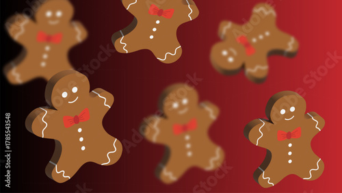 Gingerbread men on red gradient Christmas festive background