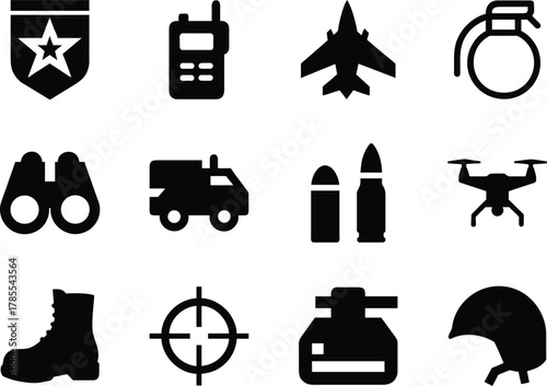 Military icon set in bold silhouette style, simple minimal design, ideal for defense graphics