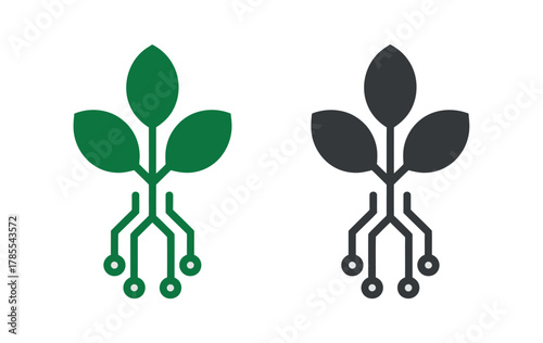 Digital plant growth concept with circuit board roots in green and black outlines, symbolizing agricultural technology and innovation.