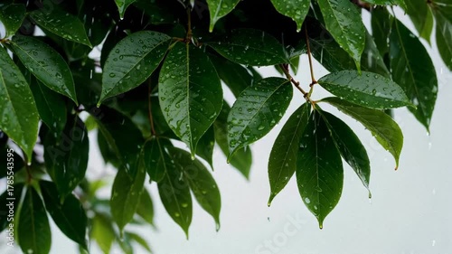 Close-up of green leaves with raindrops Water droplets on leaves after rain