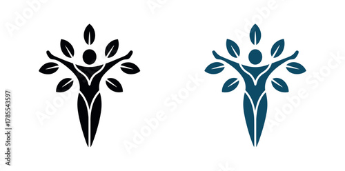 Stylized human figure with outstretched arms and leaves representing growth and nature.