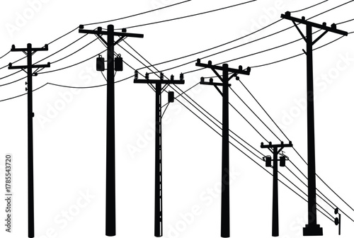 Utility poles, electrical distribution, power lines, transformers, urban infrastructure, silhouette illustration, flat vector design