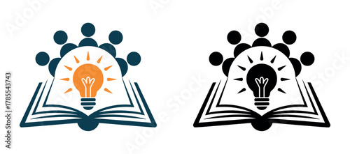 A group of people are illuminated by a light bulb appearing from an open book, symbolizing knowledge and innovation.