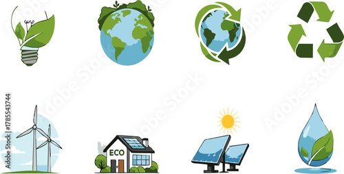 A collection of vector icons representing environmental conservation and renewable energy concepts. Includes symbols for sustainability, ecology, wind turbines, solar power, and recycling