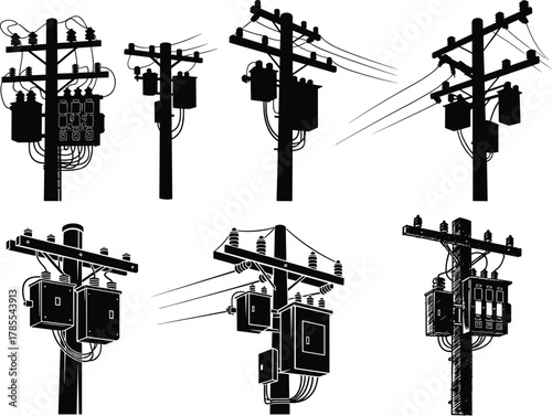 Utility poles with transformers, insulators, and power lines silhouettes, electric distribution infrastructure designs collection, flat vector
