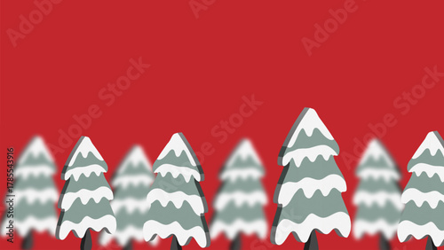 Red background with Christmas pine trees covered in snow