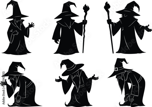 Wizard silhouettes in magic poses, fantasy sorcerer characters illustration, mystical spell icons, dark art flat vector