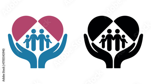 Hands cradle a heart with a family silhouette inside, symbolizing protection and care.