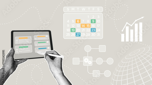 Digital calendar and checklist. Trendy halftone collage. Digital project management tools. Concept for time management, daily planning and productivity tracking, and goal tracking.