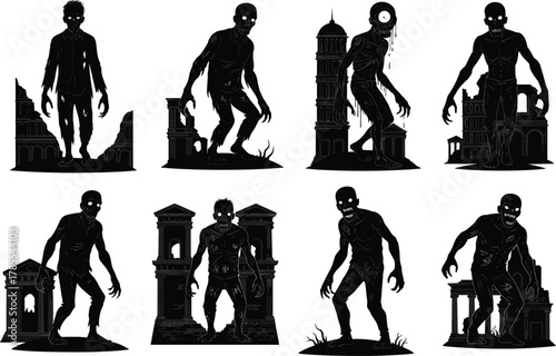 Zombie silhouettes with glowing eyes in front of famous architecture landmarks, horror fantasy illustration, flat vector