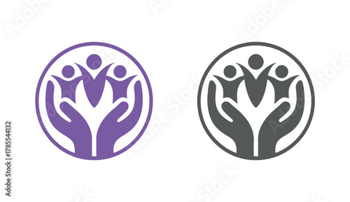 Two circular logos depicting hands holding stylized figures, symbolizing care and community support.
