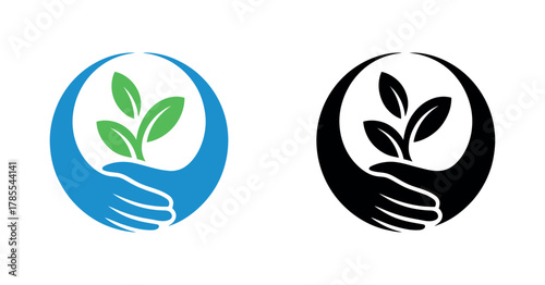 A hand cradles a sprouting plant, symbolizing environmental care and growth in both color and silhouette.