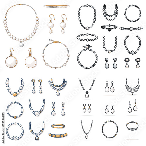 Stylish jewelry collection featuring pearl necklaces, chain bracelets, earrings, and elegant metal designs. Ideal for fashion branding, boutique catalogs, and luxury illustrations.