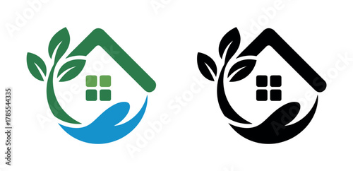 A stylized logo depicts a house with a hand, a growing plant, and a water droplet, symbolizing care and nature.