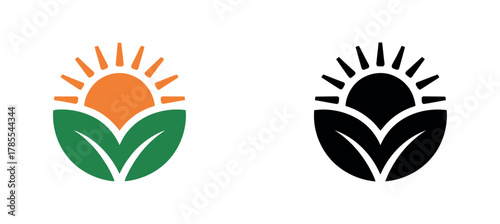 A stylized sun rises over green leaves, representing growth and nature, with a silhouette version for contrast.