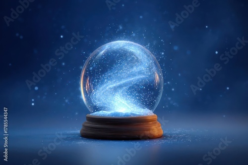 Magical glowing orb with swirling blue energy and sparkling dust on a dark blue background