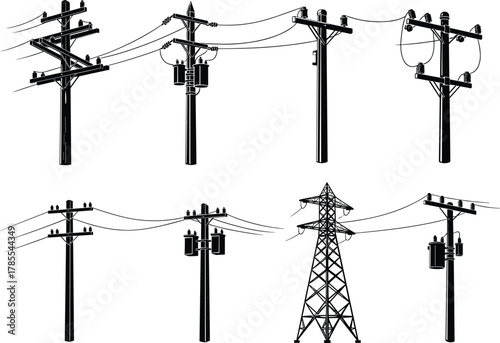 Utility poles and transmission towers silhouettes, electric power distribution and infrastructure designs collection, energy grid flat vector