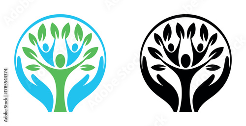 Stylized icon representing community, growth, and care with human figures and hands forming a tree.