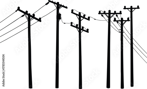 Utility poles, crossarms, insulators, transformers, power lines, electricity distribution, urban infrastructure, silhouette design, flat vector illustration