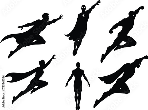 Superheroes flying and posing with capes, action stances, strength, heroism, comic style flat vector illustration